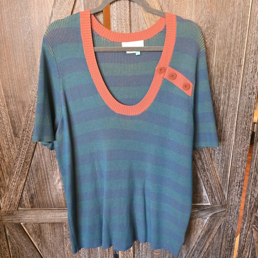Anthropologie Sweater Women's Size 3X Teal & Orange Short Sleeve Stripes Buttons